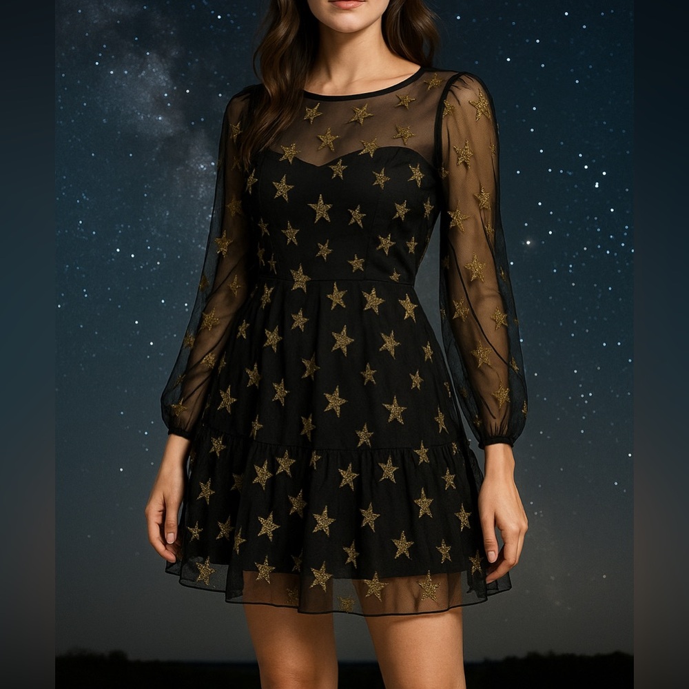 BB Dakota Star Mesh Overlay Dress | Size 4 | Black & Gold Celestial Party Dress‎